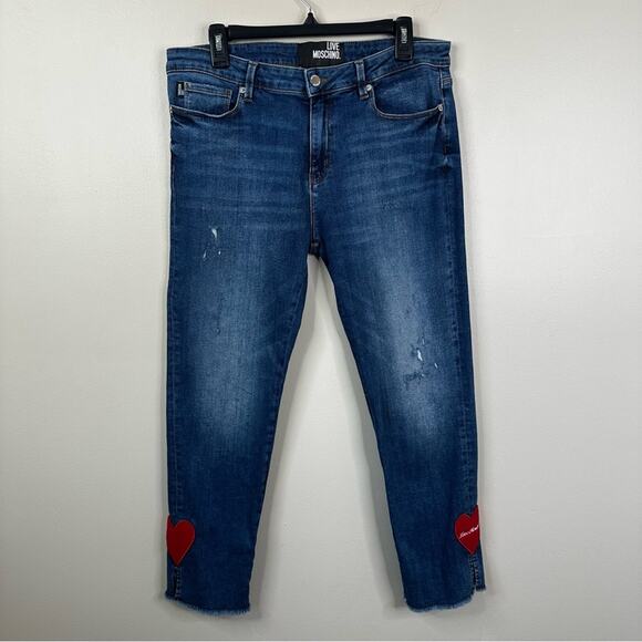 Love Moschino Jeans High Rise Heart Patch Cropped Blue Cotton Womens 31 - Picture 4 of 12